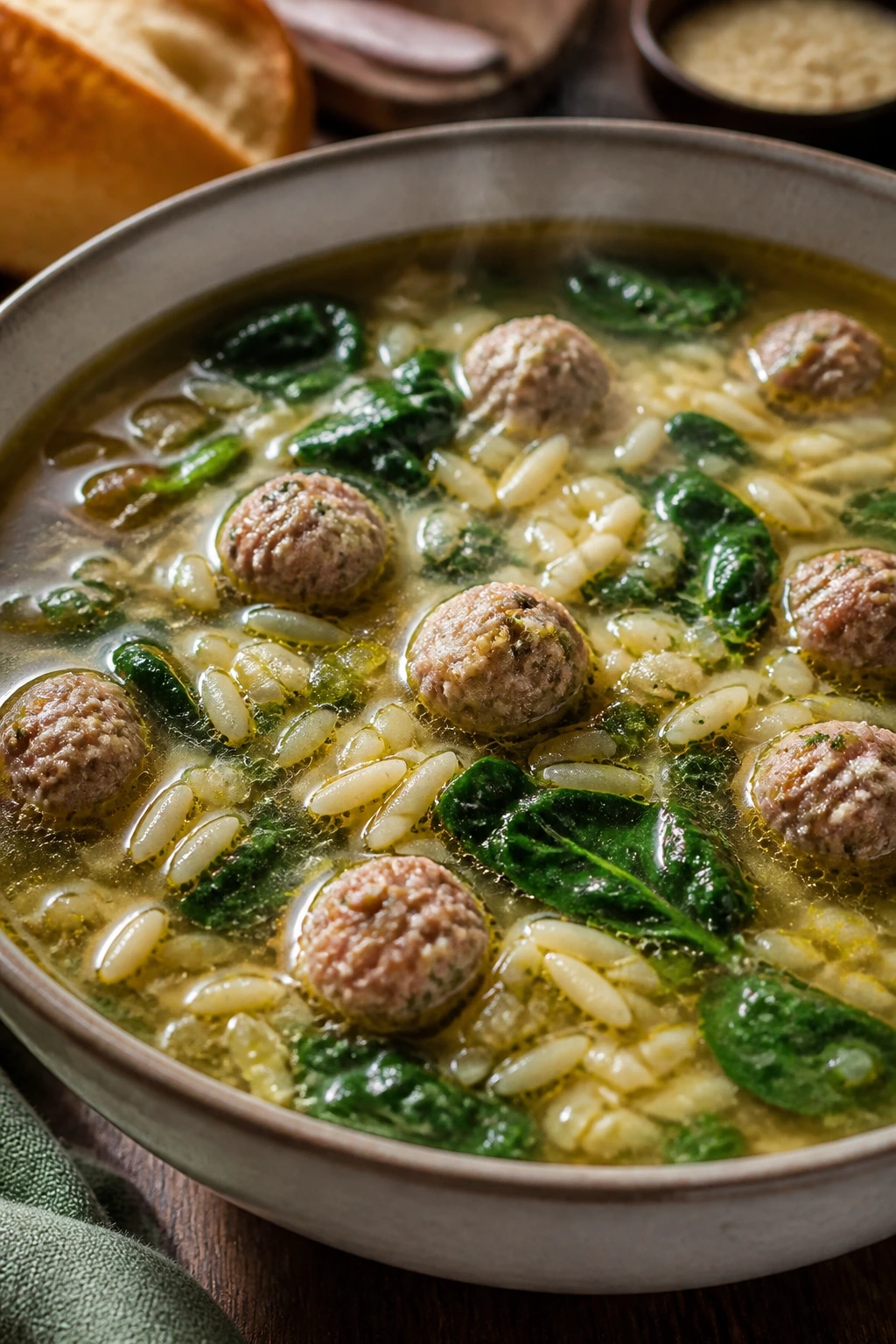 Close-up of Italian wedding soup with meatballs, spinach, and small pasta