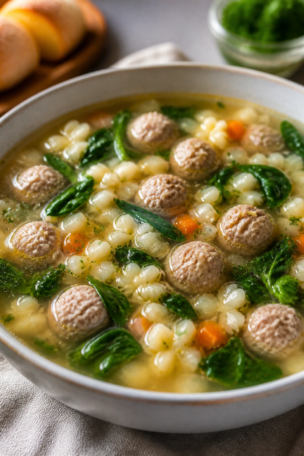 Close-up of Italian wedding soup with tiny meatballs in clear broth