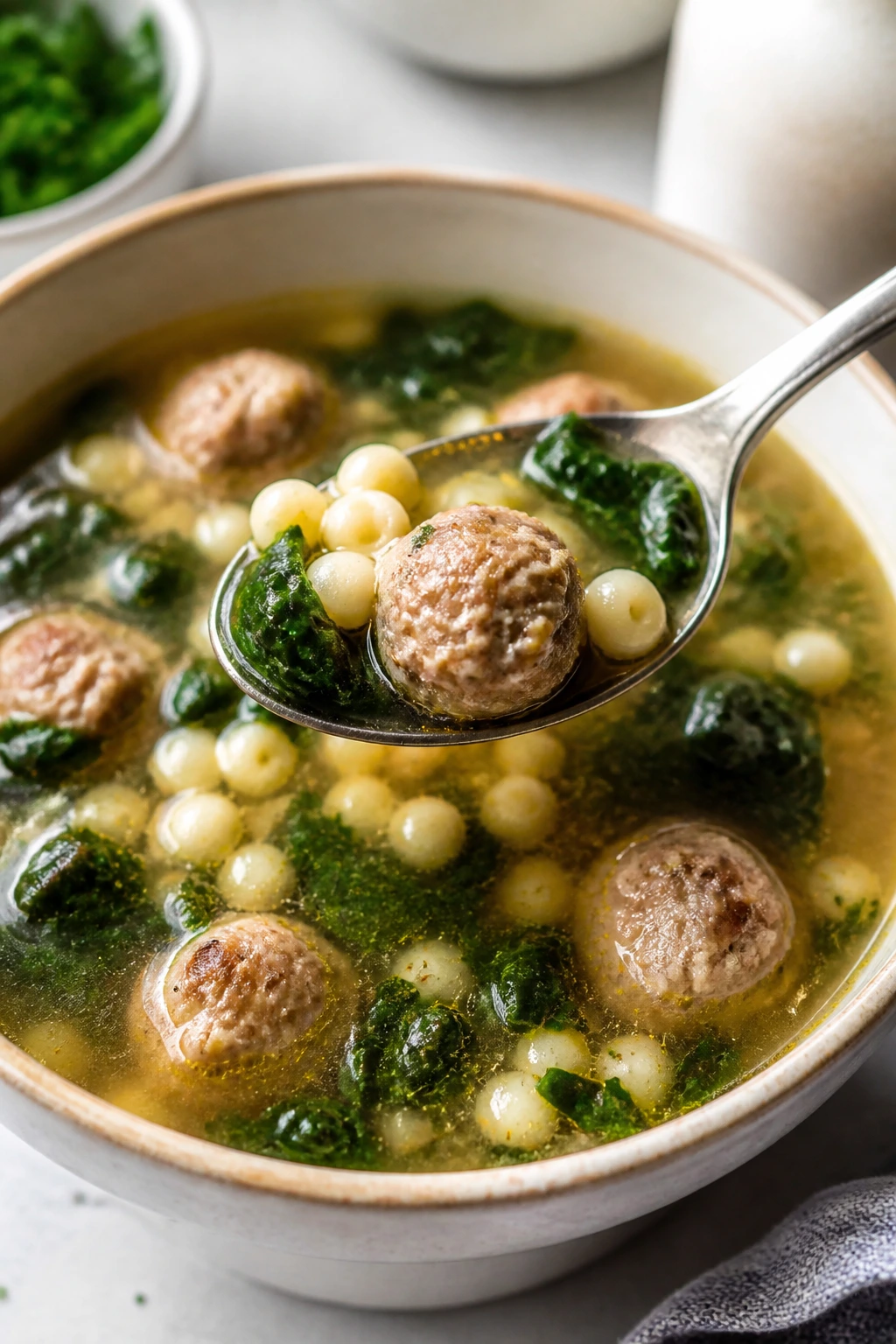 Italian wedding soup with tiny meatballs and greens in broth