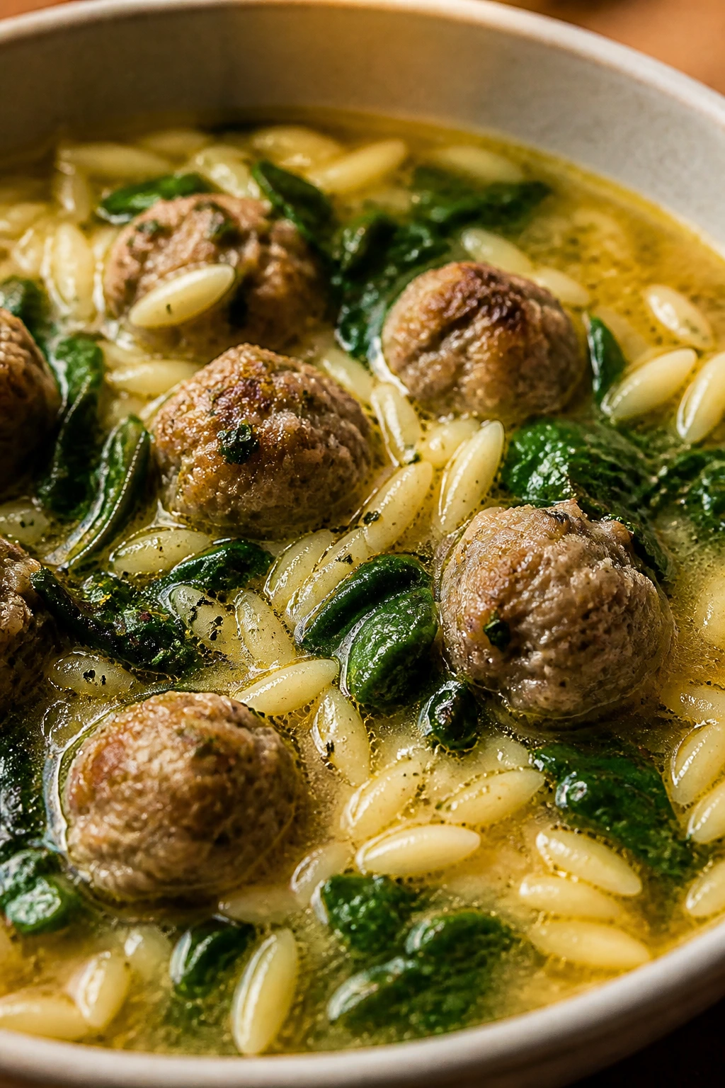 Close-up of Italian wedding soup with meatballs and orzo
