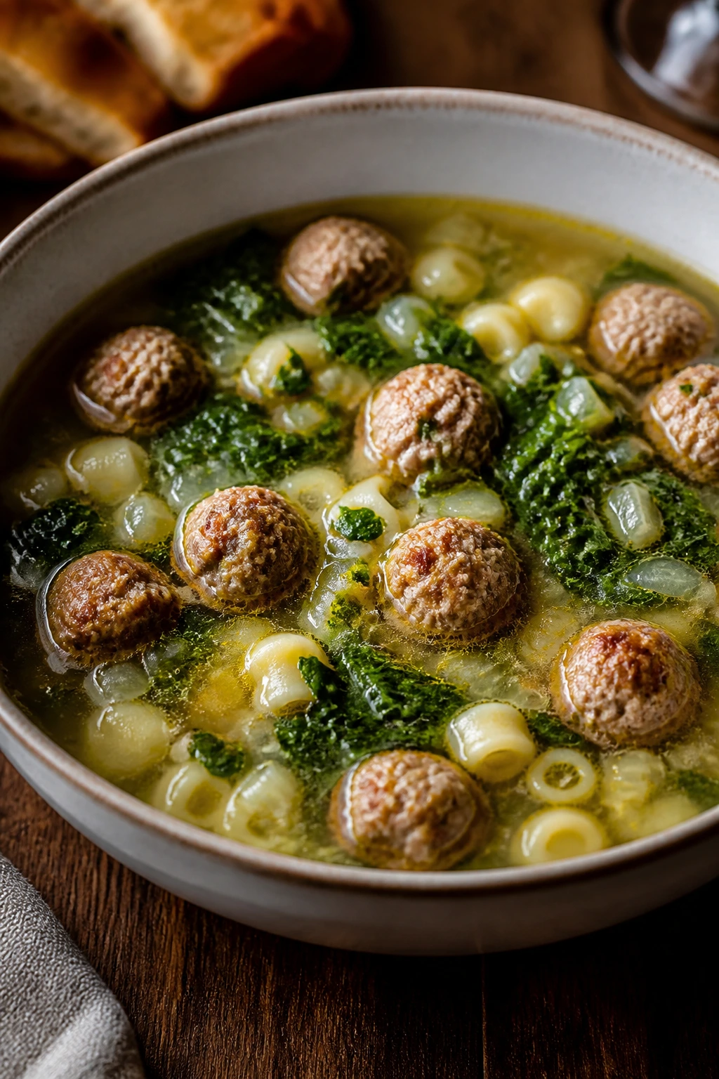 Close-up of Italian wedding soup with small meatballs and escarole
