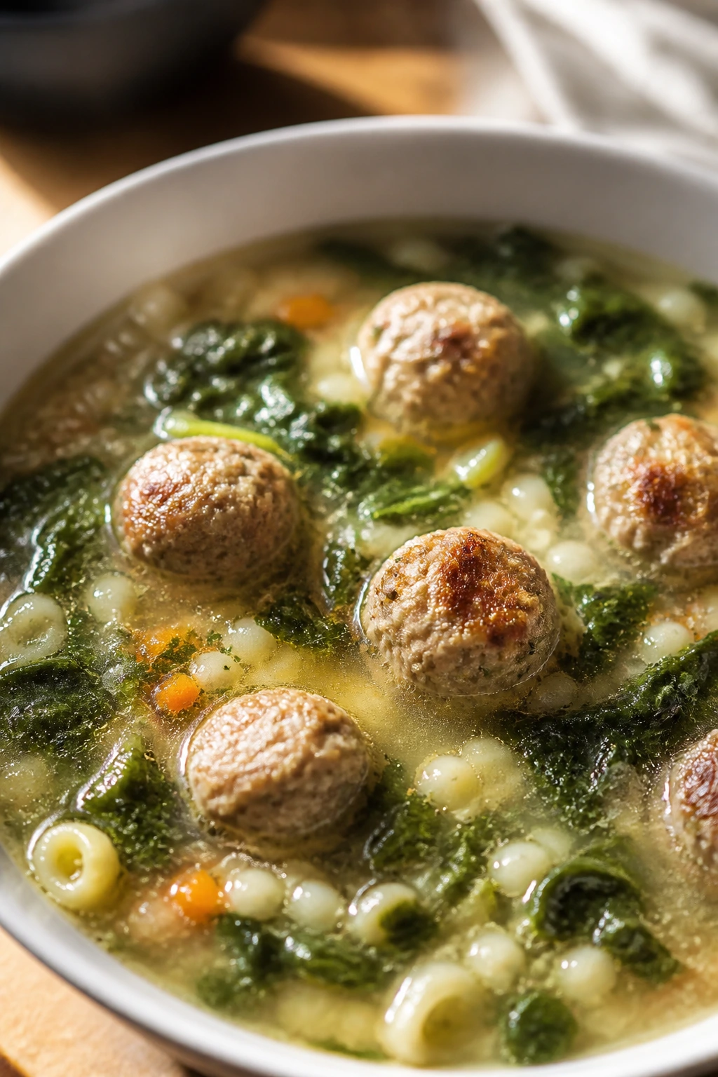 Close-up of Italian Wedding Soup with meatballs and greens in a bowl