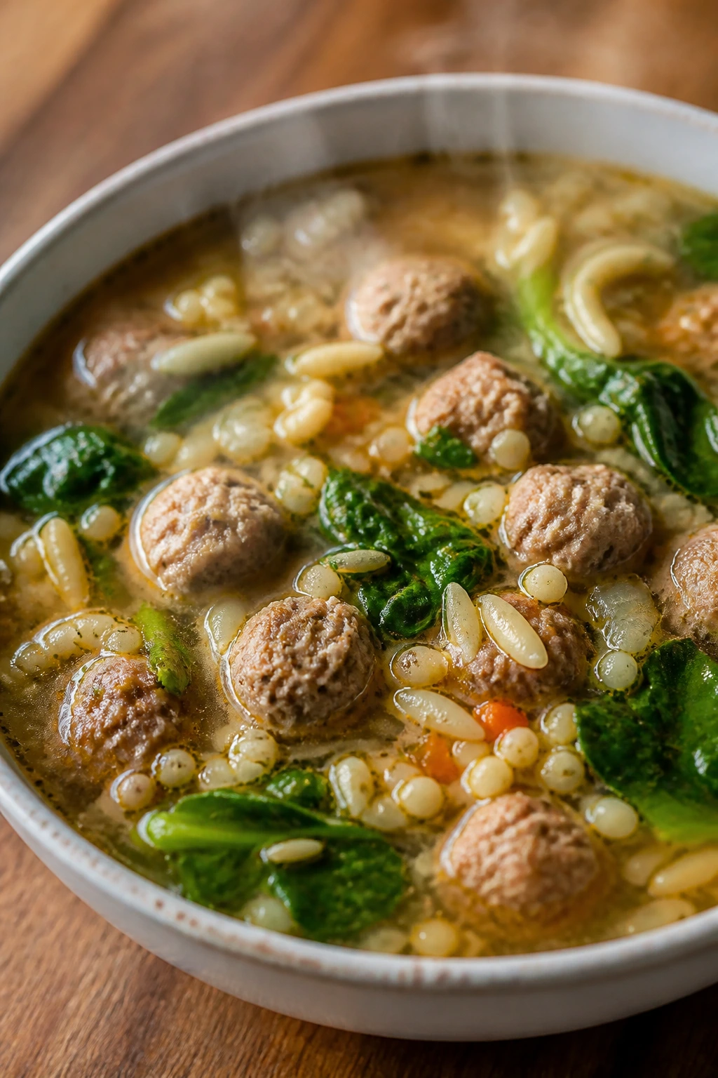 Bowl of Italian wedding soup with tiny meatballs and greens in broth.