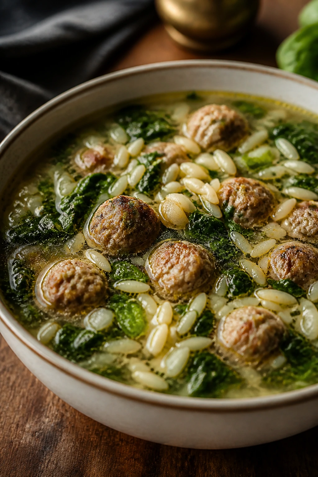 Close-up of Italian Wedding Soup with meatballs greens and orzo in a warm kitchen