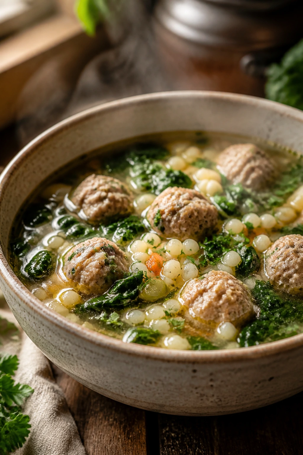 Steaming Italian Wedding Soup bowl with meatballs, spinach, and tiny pasta