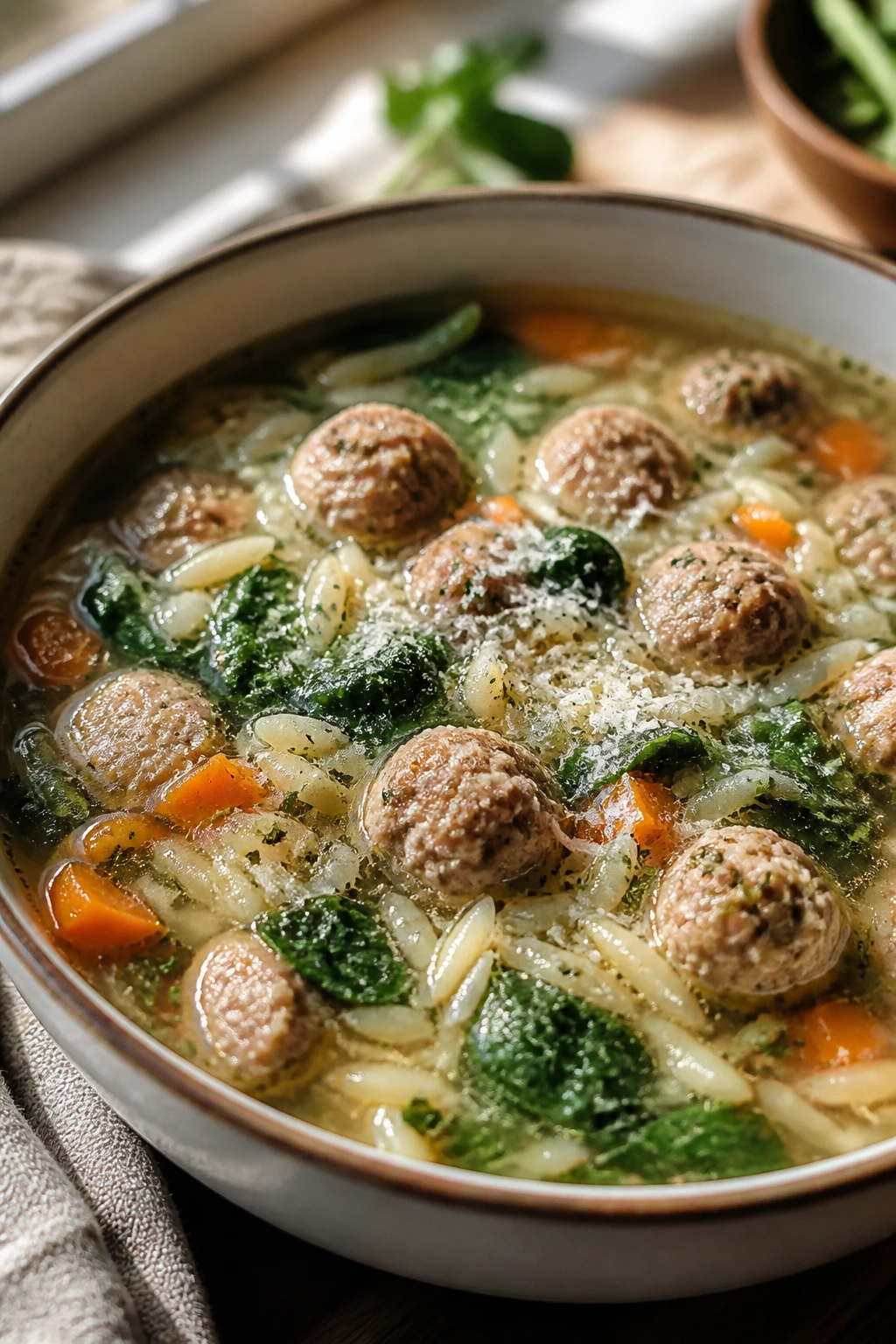 Steaming bowl of Italian wedding soup with meatballs, orzo, and spinach