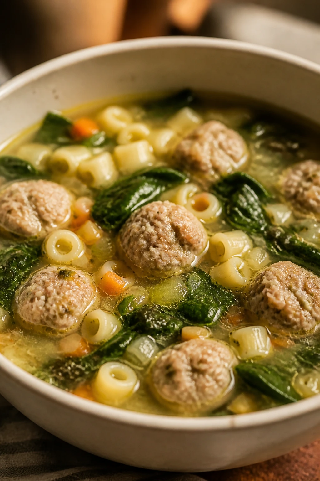 Italian wedding soup with meatballs, spinach, and small pasta shells