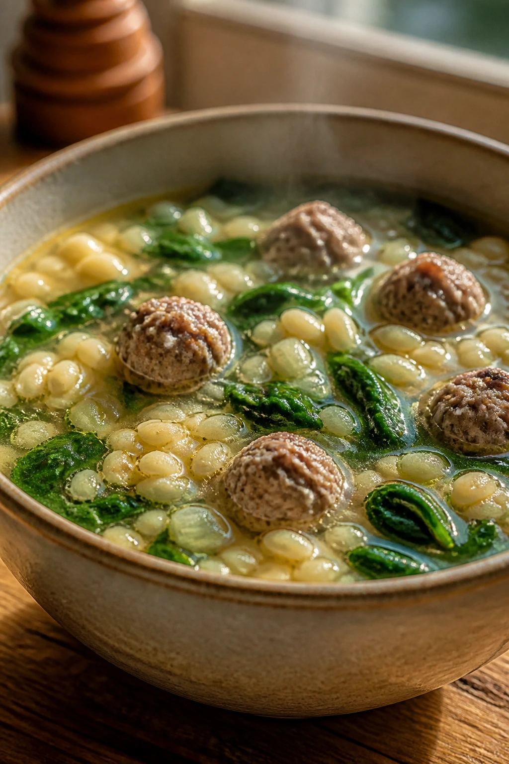 Close-up of Italian Wedding Soup with small meatballs greens and pasta in clear broth