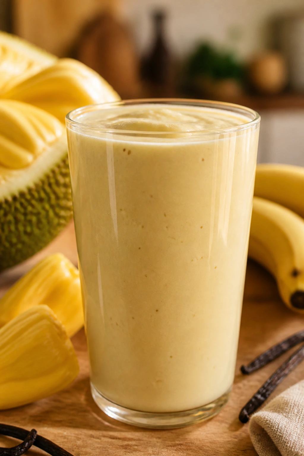 Close-up of a pale yellow jackfruit banana vanilla smoothie in a glass on a warm counter