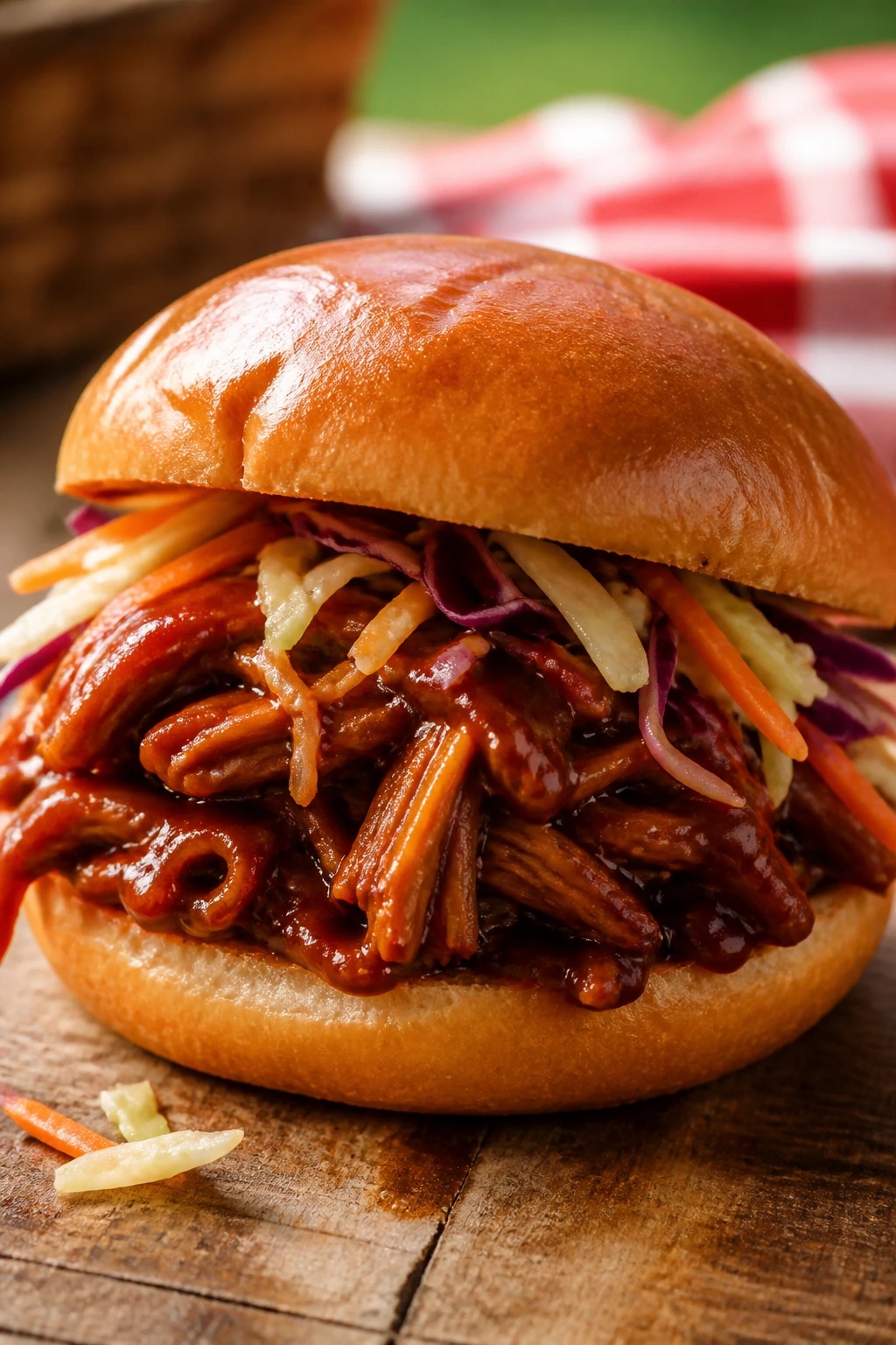 Close-up of BBQ jackfruit sandwich on brioche bun at outdoor picnic