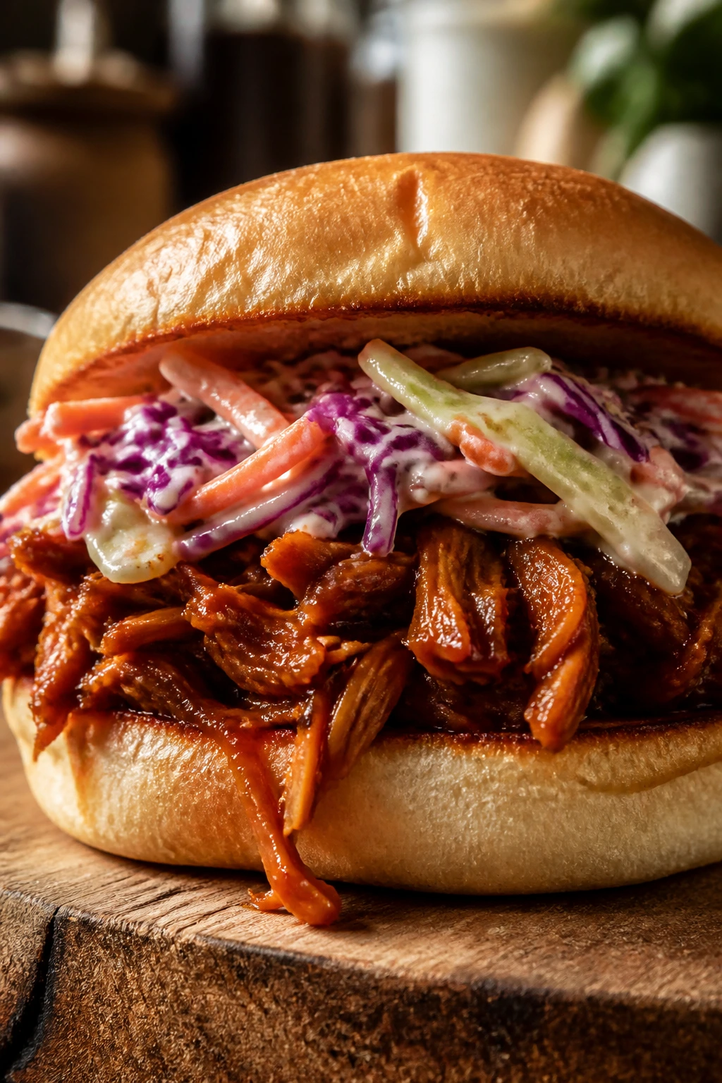 Close-up of a BBQ jackfruit sandwich with slaw on a wooden board
