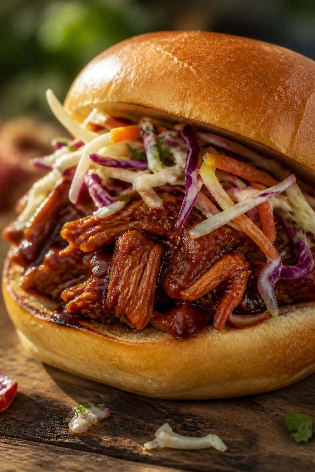 Close-up of BBQ Jackfruit Sandwich with Crunchy Slaw on toasted bun