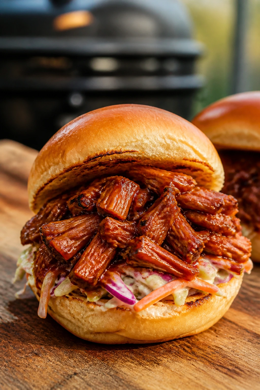 Jackfruit BBQ slider with slaw on a toasted bun