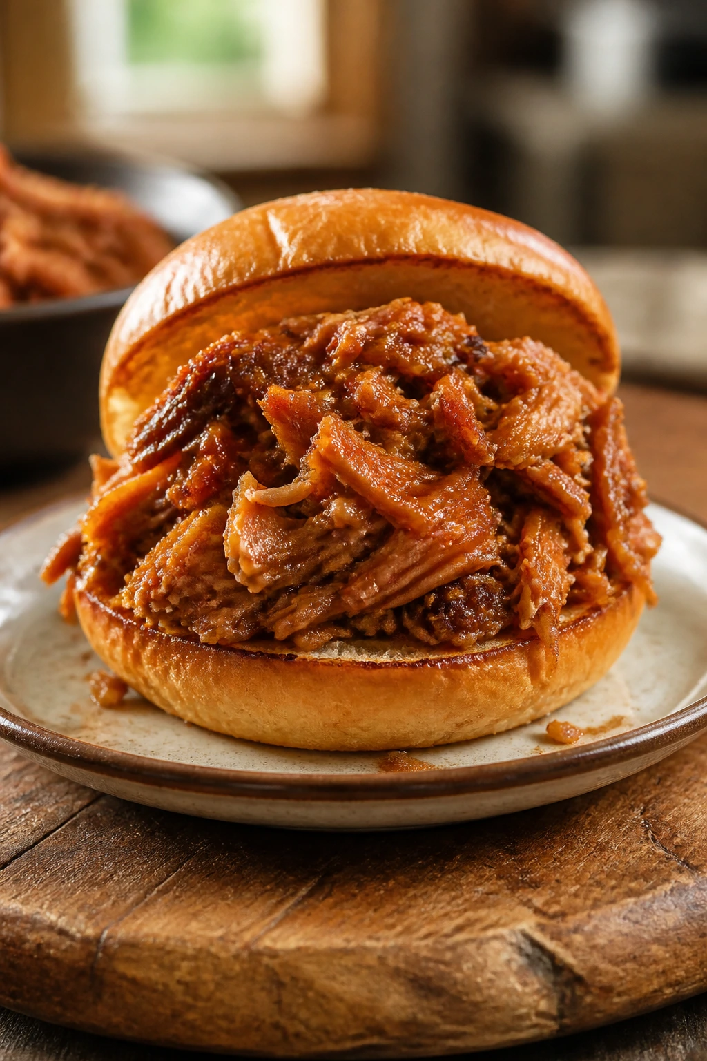 Close-up of glossy jackfruit pulled pork on a toasted brioche bun