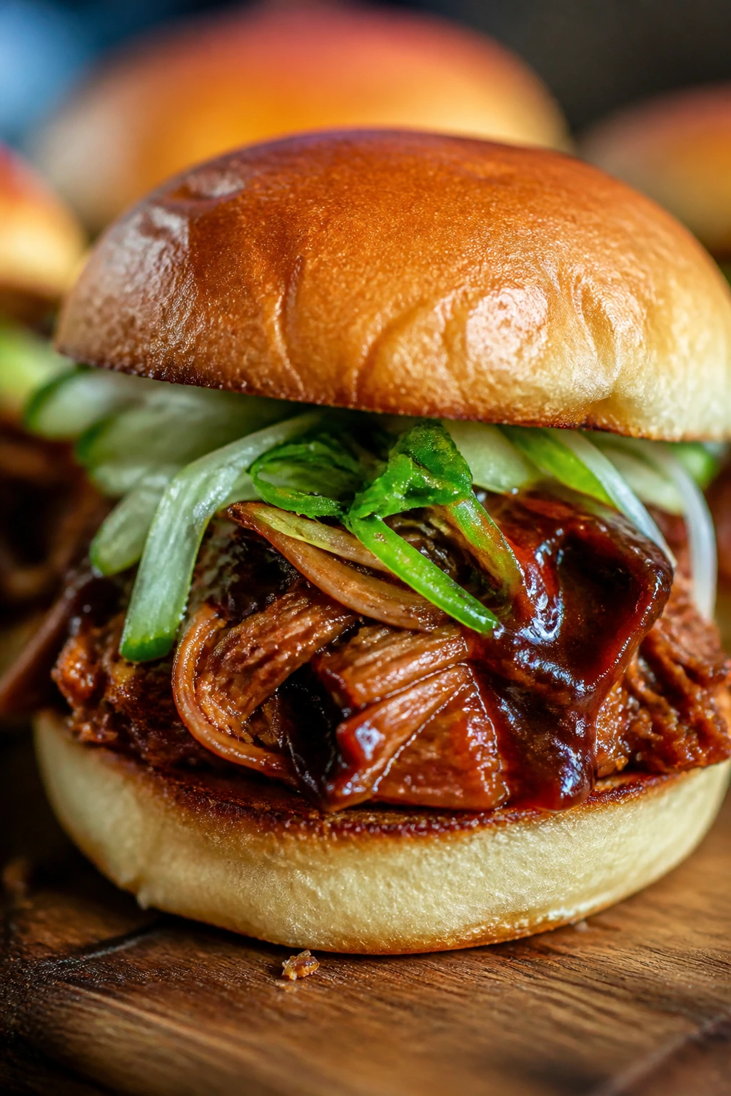 Glossy jackfruit slider with dark glaze on a toasted bun