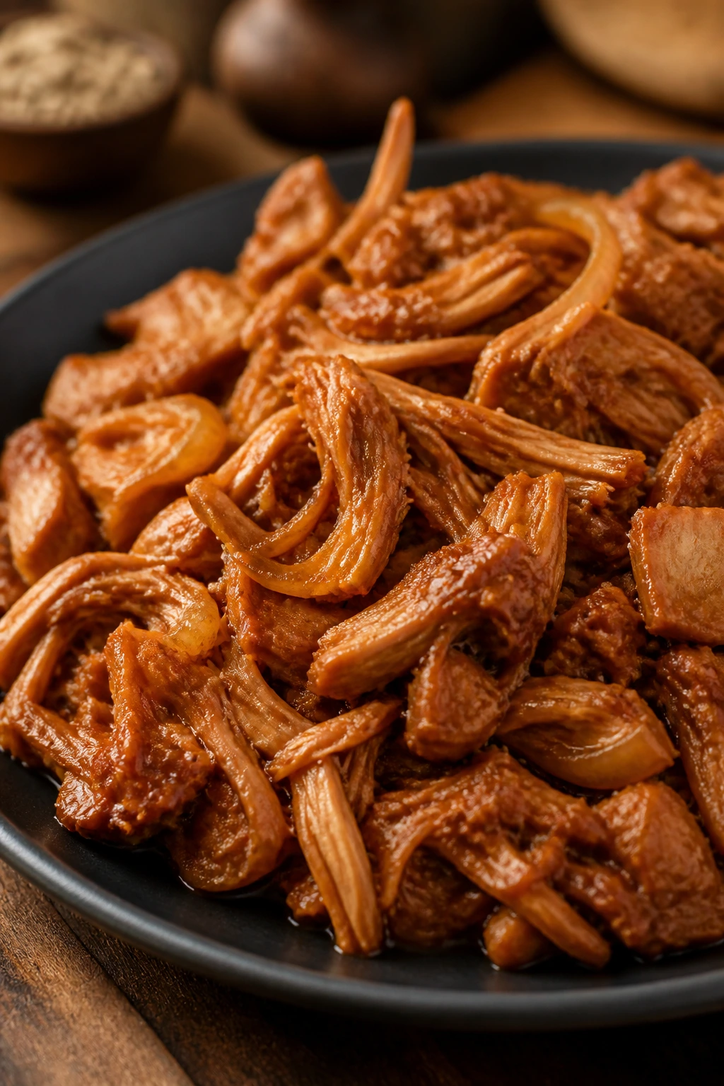 Close-up of jackfruit filling fibers with glaze on a dark plate