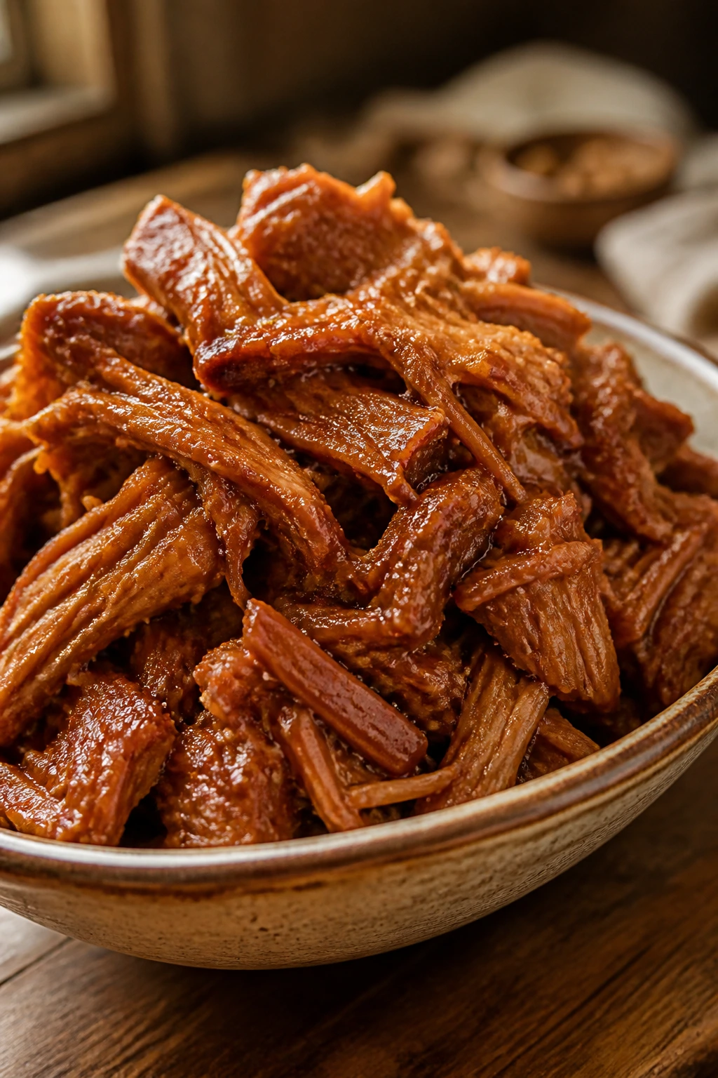 Close-up of shredded jackfruit with glossy glaze in a rustic bowl