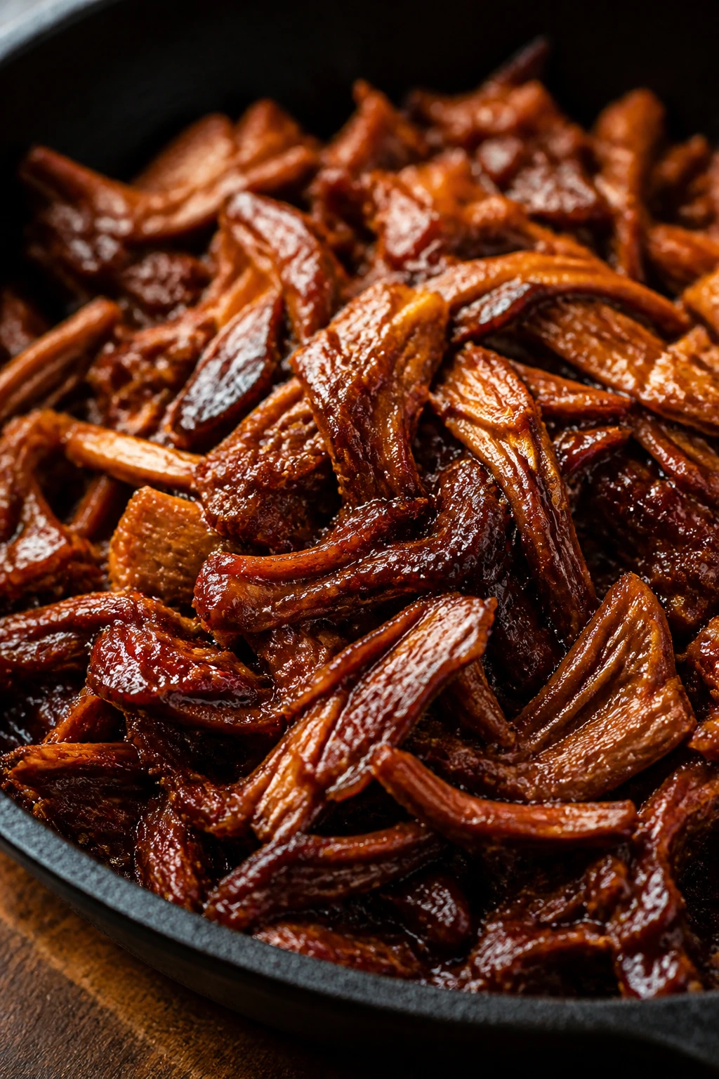 Close-up of glossy jackfruit strands with sticky glaze in a cast-iron skillet