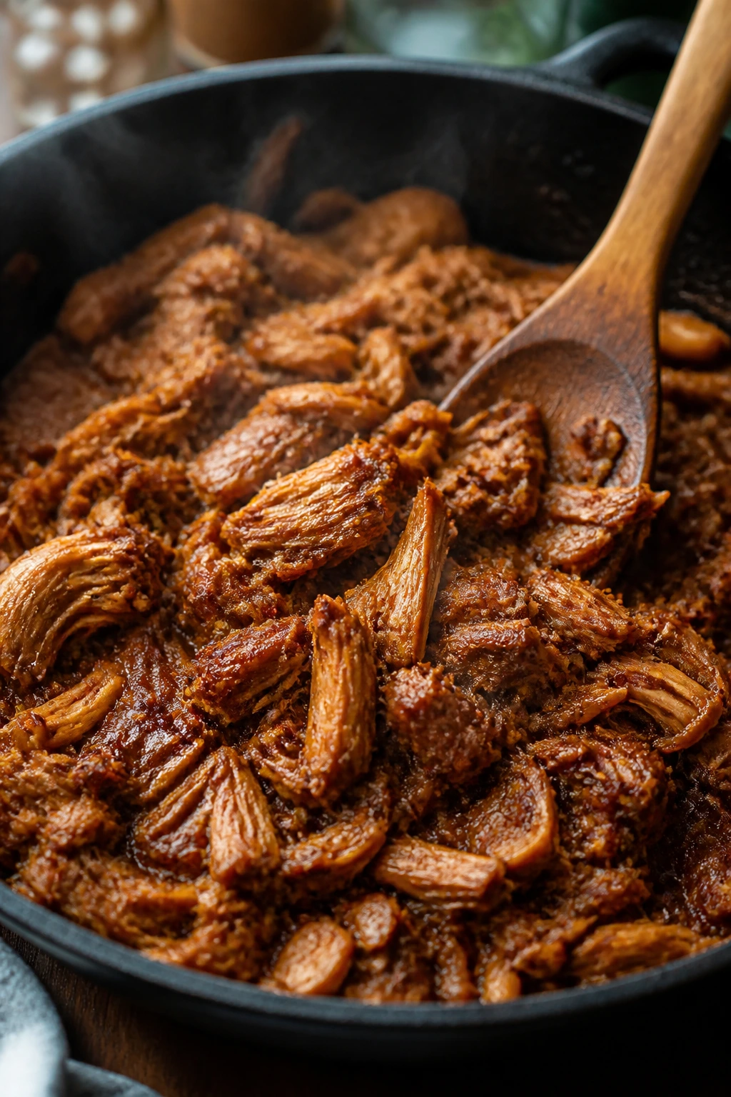 Skillet with browning jackfruit pulled pork and steam
