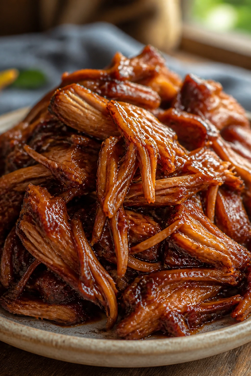 Close-up of glossy jackfruit pulled pork with glaze on a rustic plate