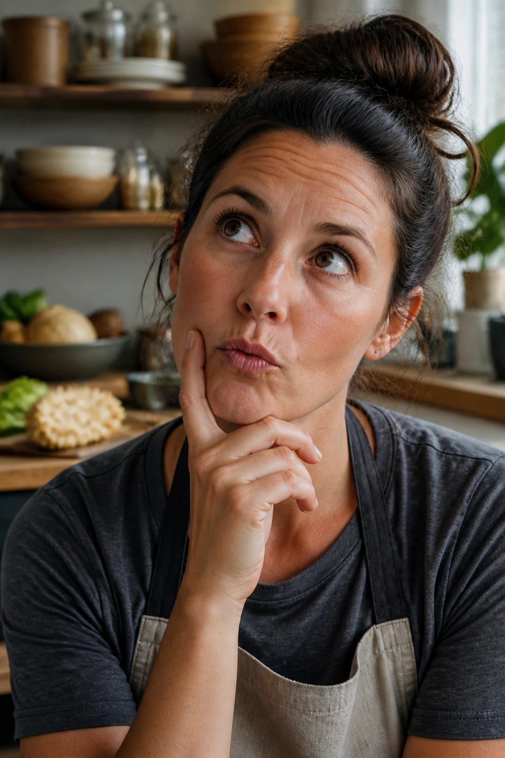 Portrait of a home cook thinking in a cozy kitchen