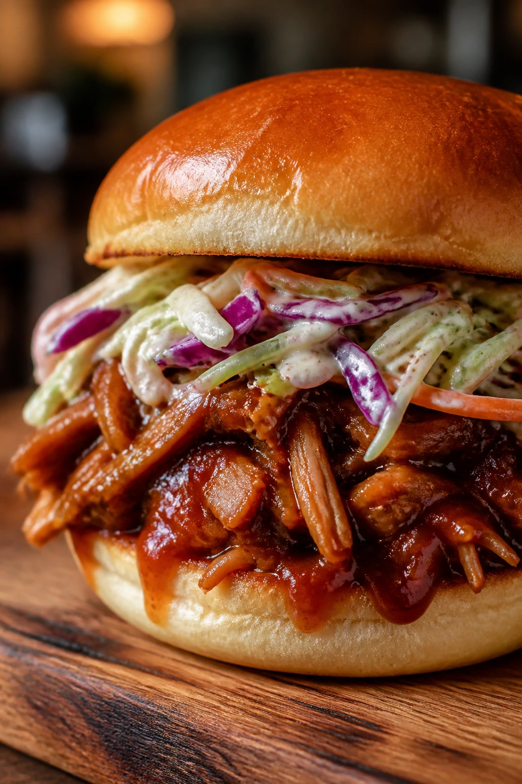 BBQ jackfruit sandwich with slaw on a plate