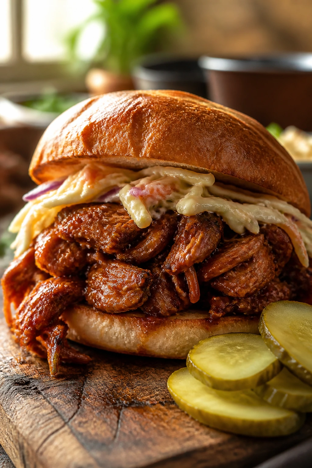 Close-up of pulled jackfruit sandwich with tangy BBQ sauce on rustic board