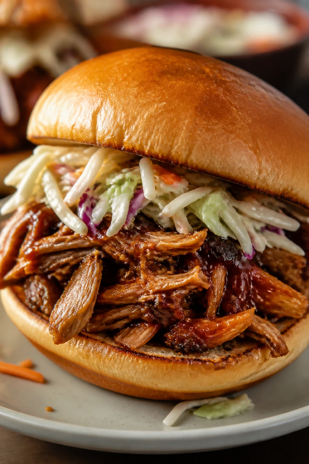 Close-up of BBQ jackfruit sandwich with crunchy slaw on a toasted bun.