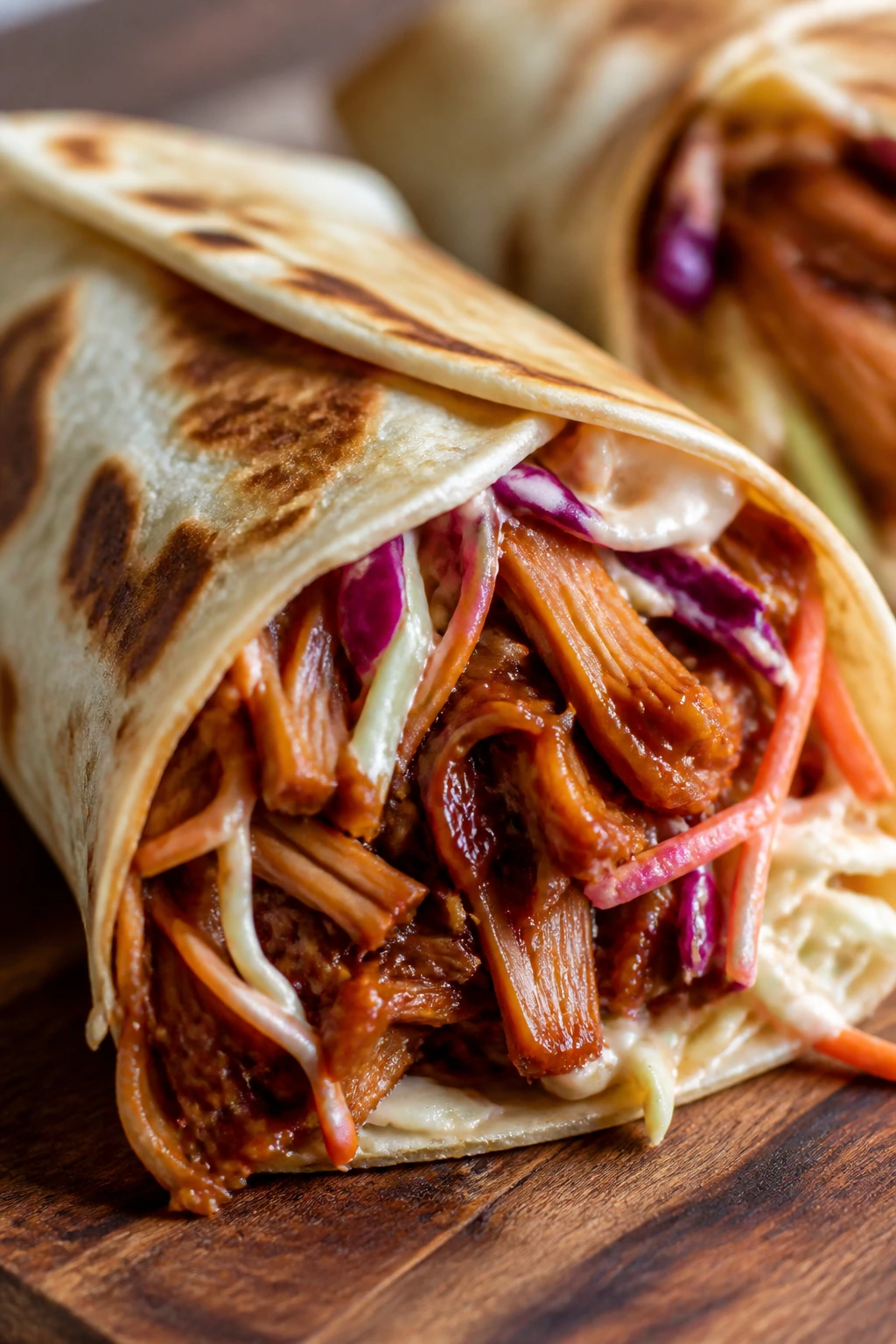Close-up of Smoky BBQ Jackfruit Slaw Wraps on a wooden board.