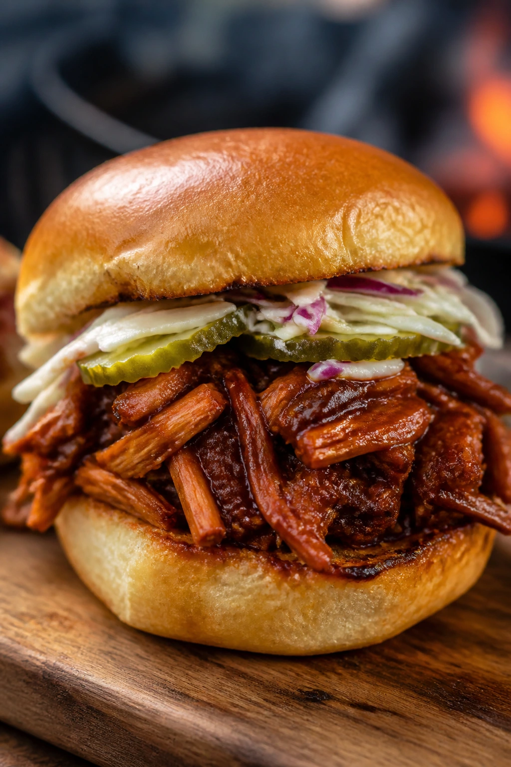 Close-up of smoky jackfruit slider on a bun with glaze