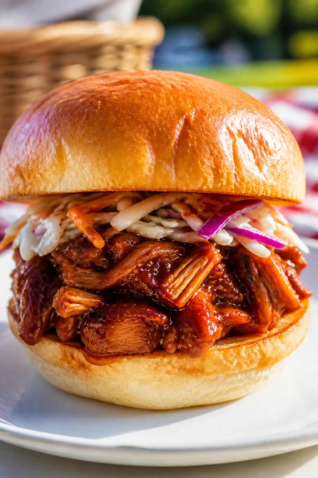 Close-up of a BBQ jackfruit slider with slaw on a picnic plate