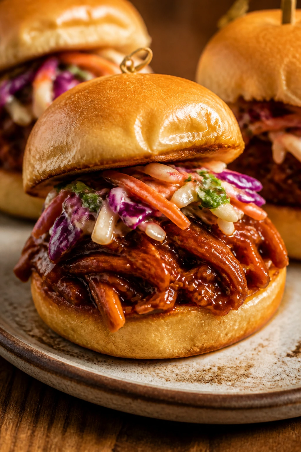 Close-up of BBQ jackfruit sliders with crunchy slaw on a small plate