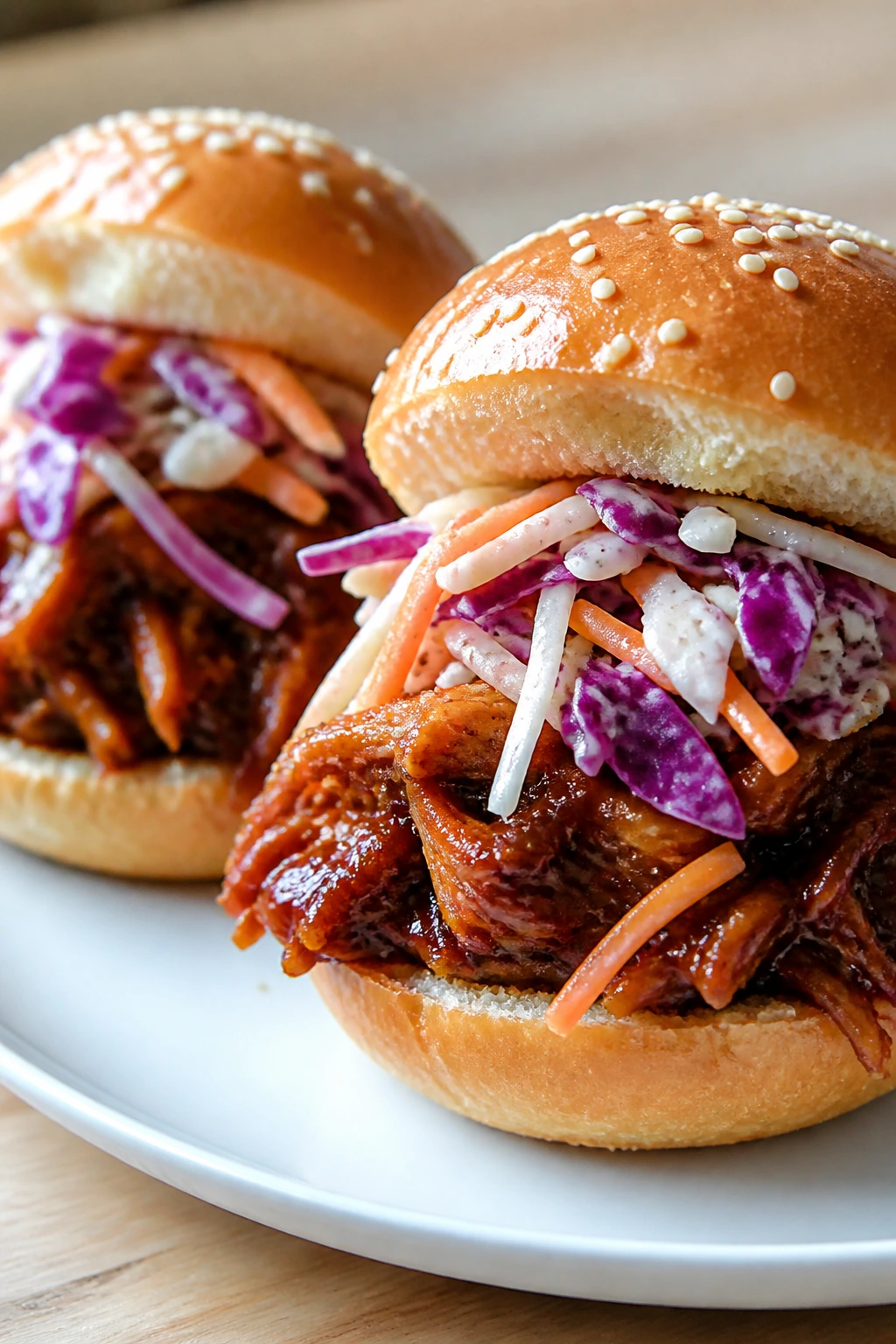 Close-up of BBQ jackfruit sliders with crunchy slaw on a plate