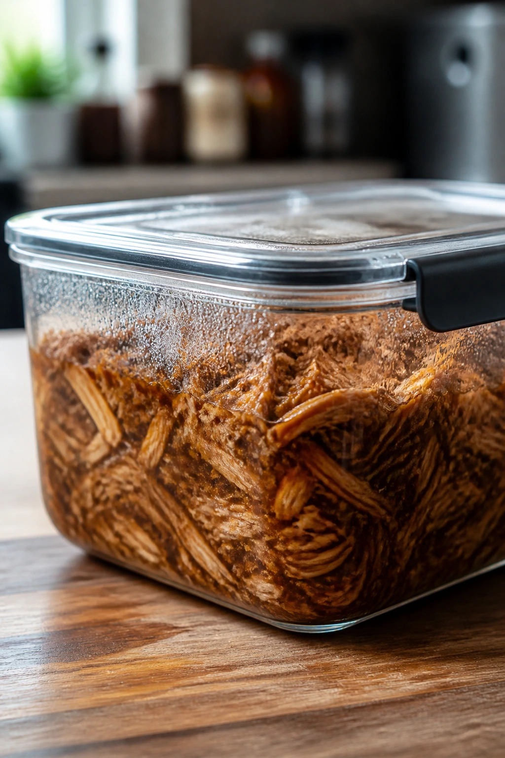 Airtight glass container with jackfruit filling in a kitchen