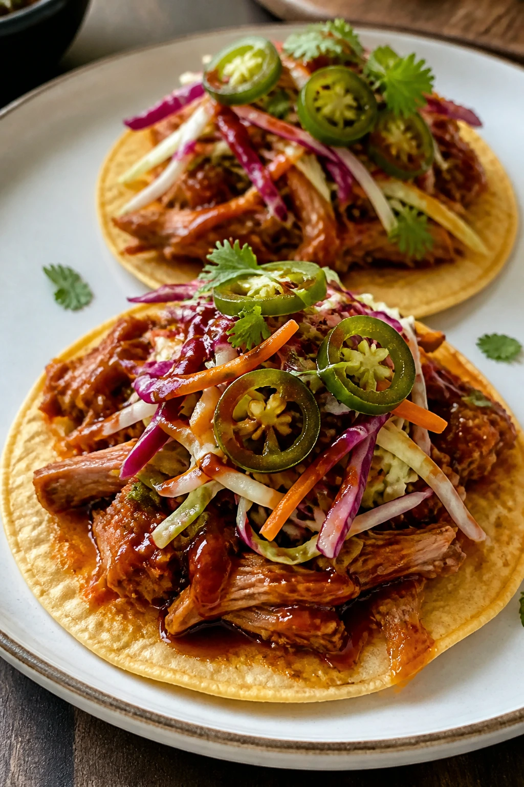 Crispy jackfruit tostadas with slaw on plate