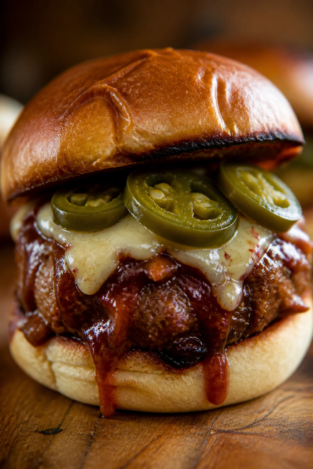 Close-up of jalapeño BBQ pork slider with cheese and jalapeños