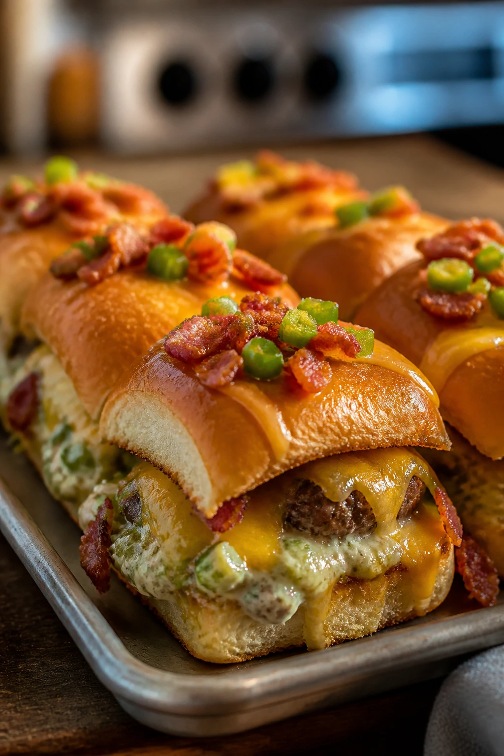 Close-up of jalapeño popper sliders with cheese, jalapeños, and bacon on a tray.