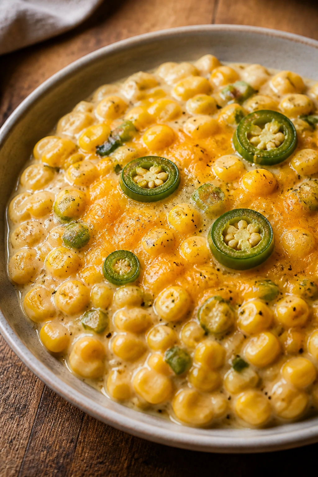Jalapeño cheddar creamed corn in a bowl with melted cheese and jalapeño slices