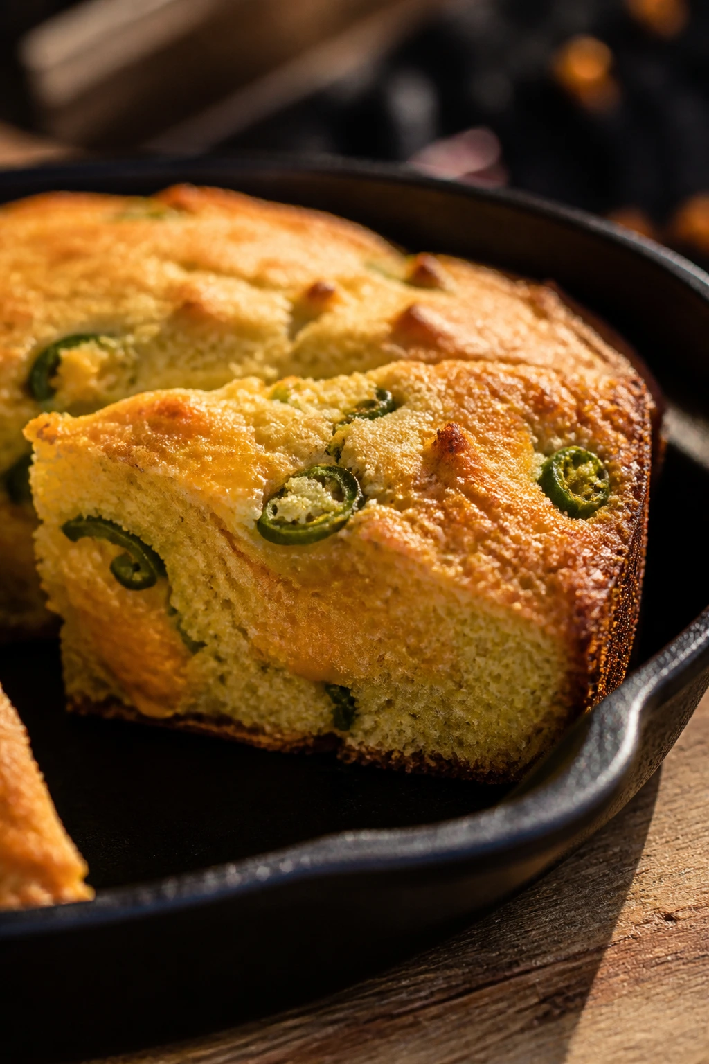 Close-up of jalapeño cheddar cornbread in a cast-iron skillet.