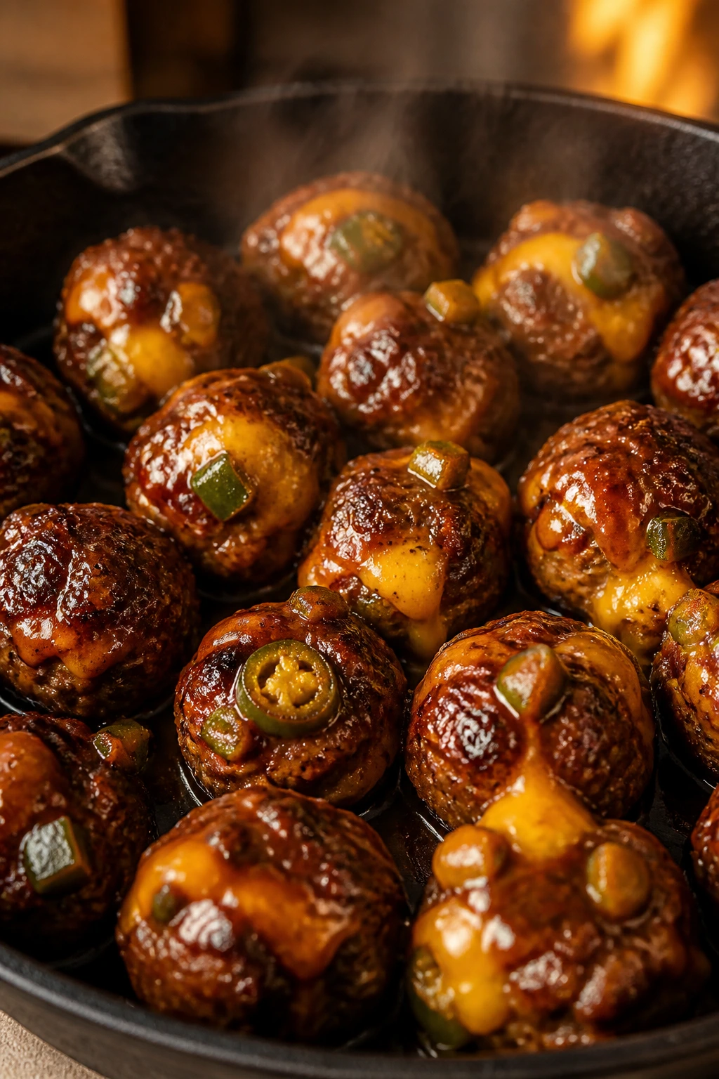 Close-up of Jalapeño Cheddar BBQ Meatballs with cheddar pockets