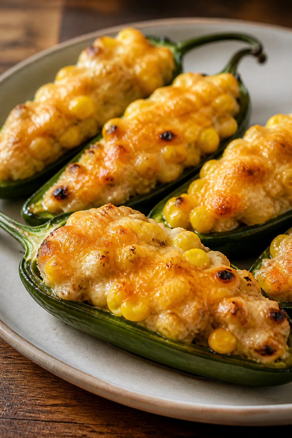 Stuffed jalapeño halves with corn and cheddar on a plate