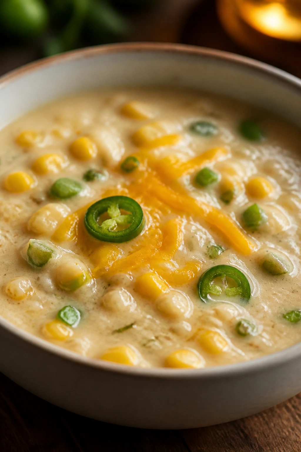 Creamy jalapeño corn chowder in a bowl with corn and jalapeño visible