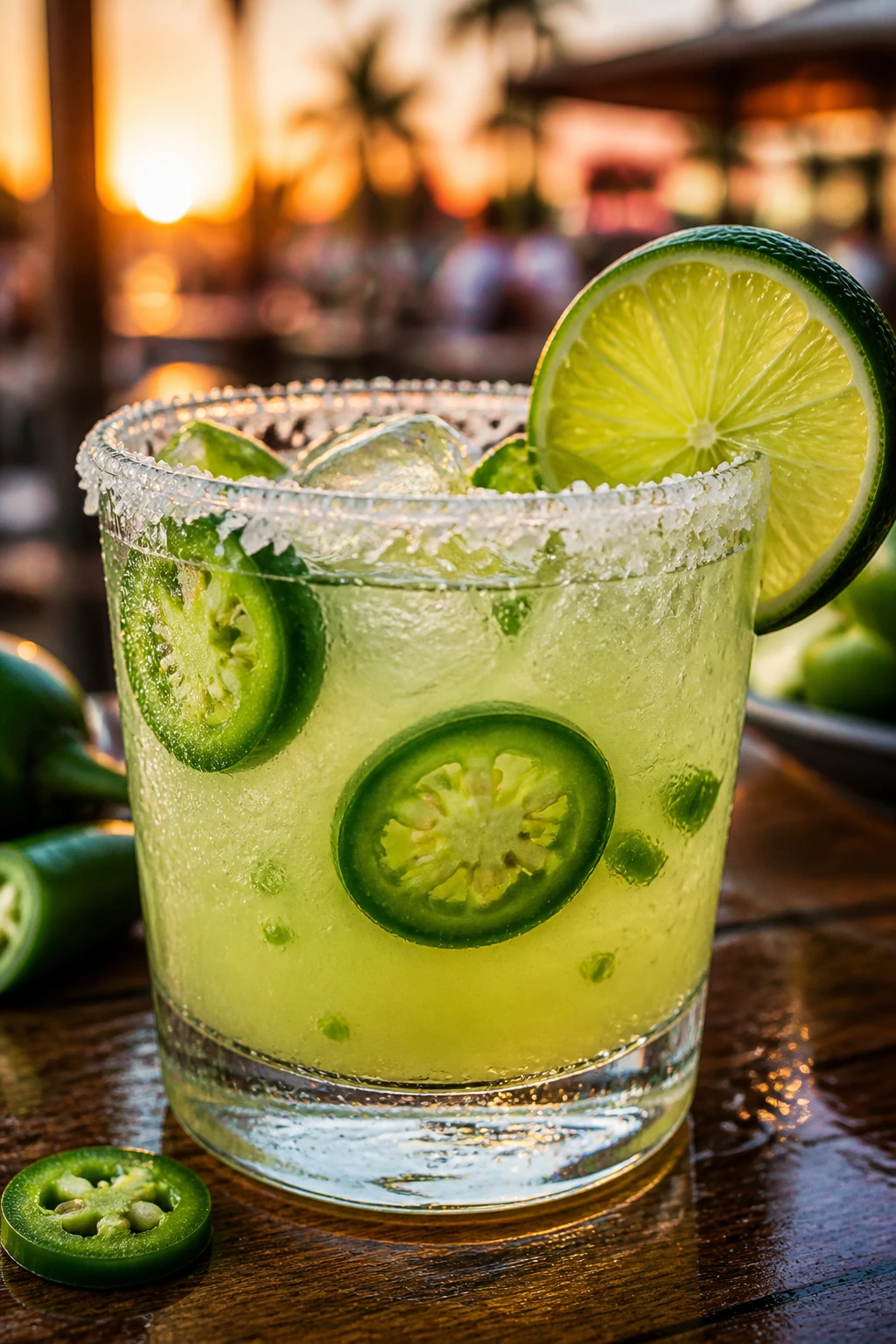 Spicy Jalapeño Margarita in a salted rim glass with jalapeño and lime