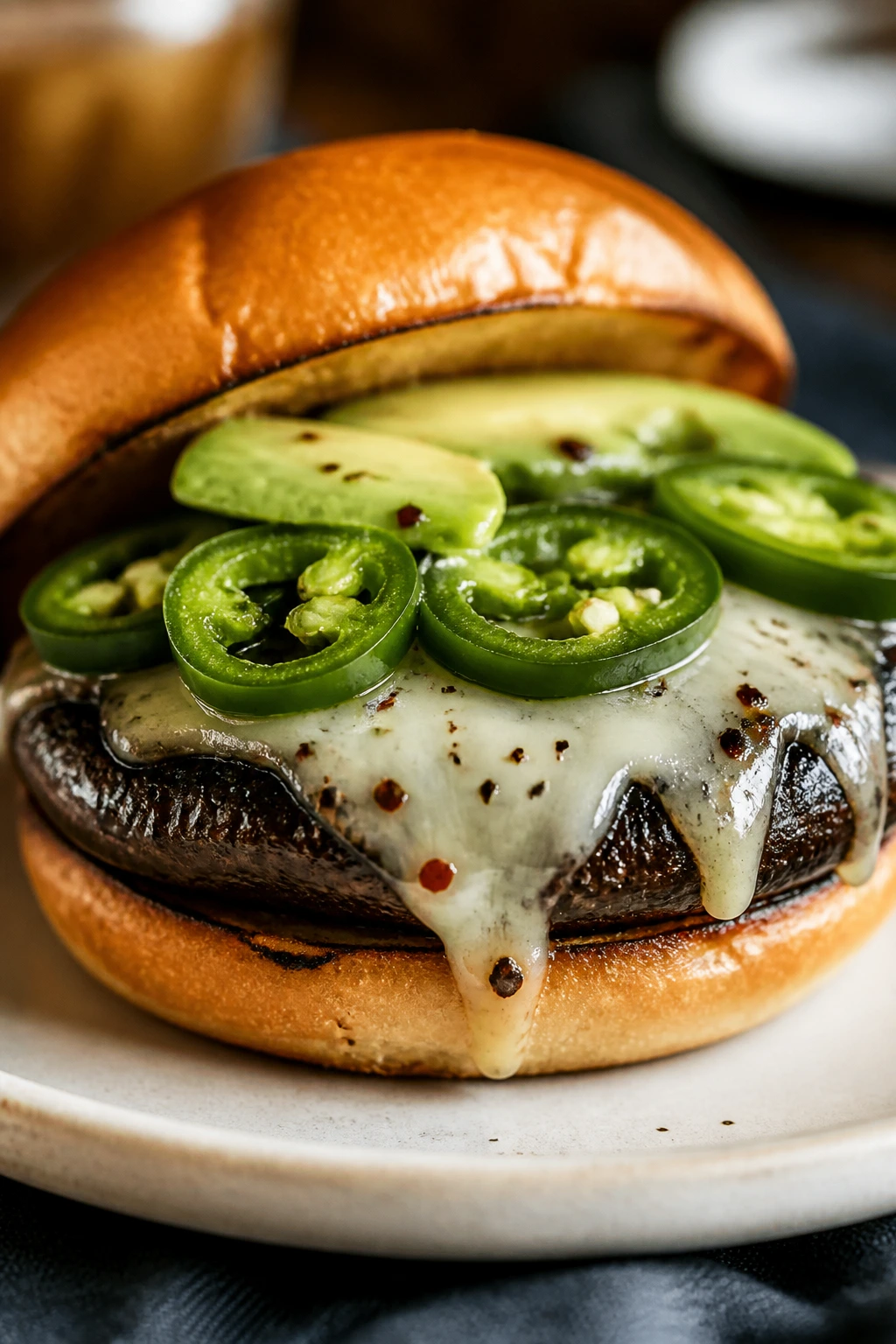 Close-up of Jalapeño Pepper Jack Portobello Burger with jalapeños