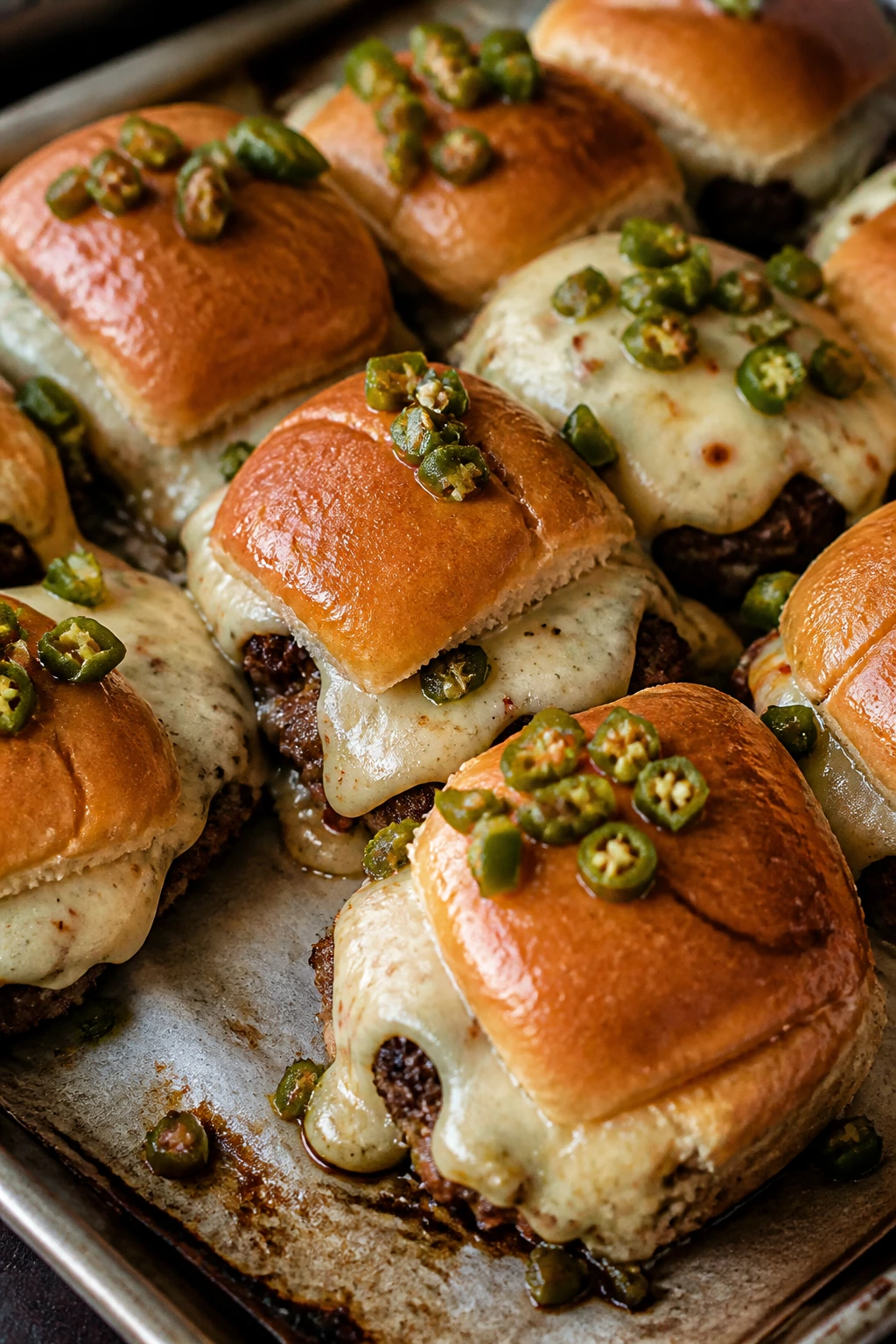 Sliders with pepper jack cheese and jalapeños on a baking sheet