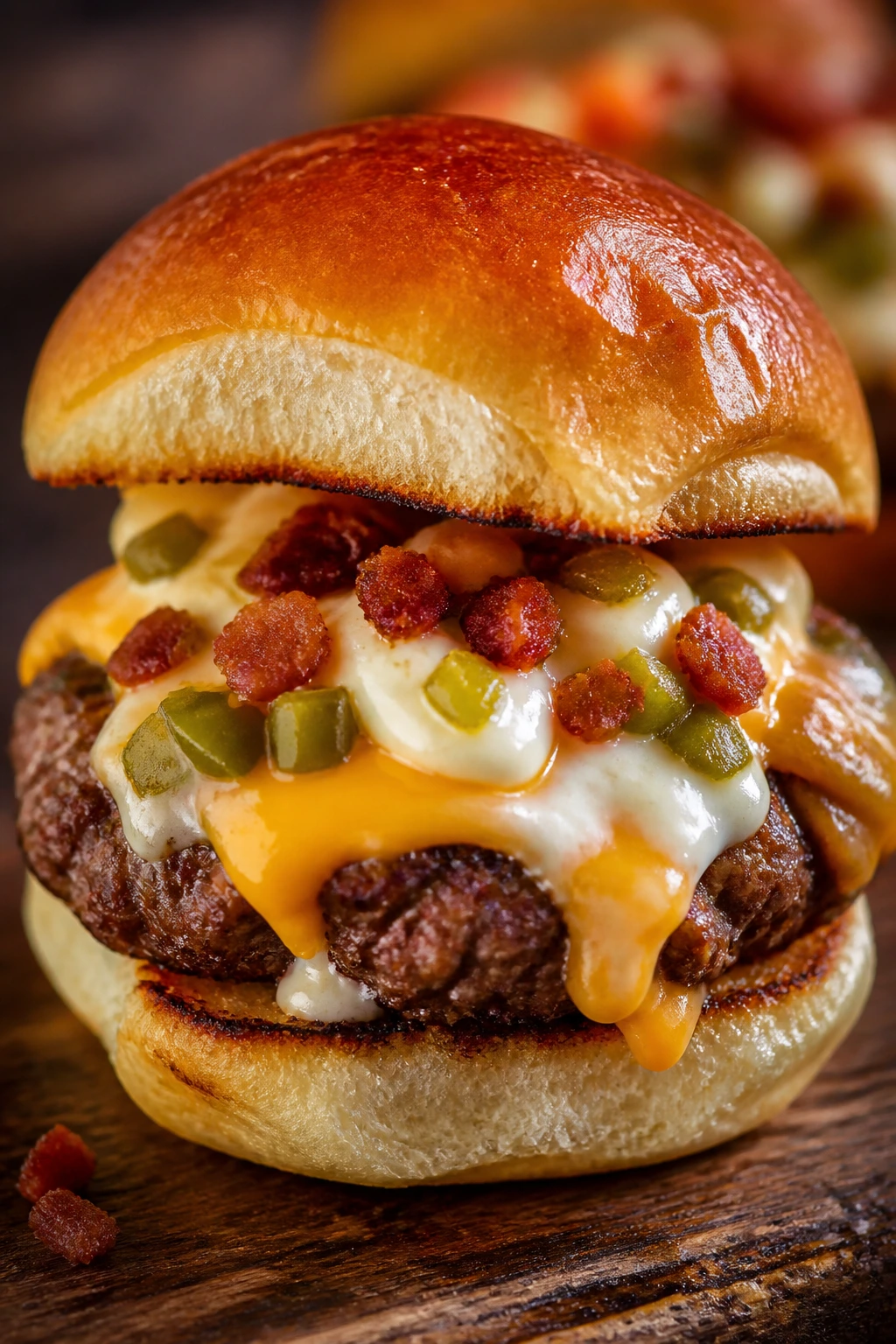 Close-up of jalapeño popper mini burger with cream cheese, jalapeño, bacon on a glossy bun