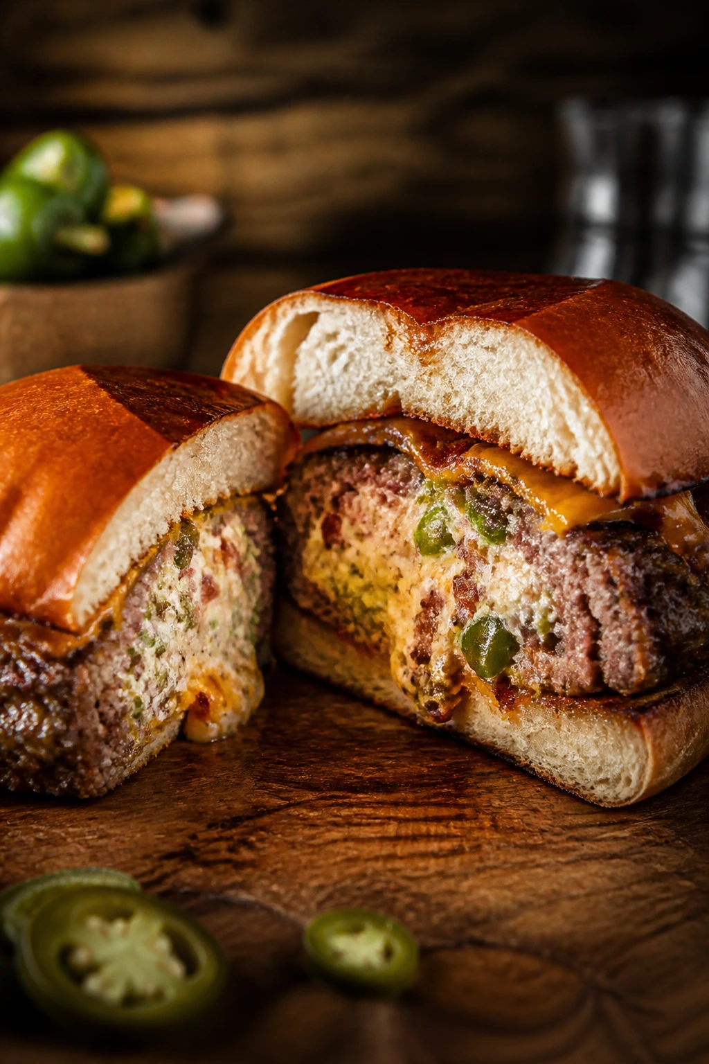 Cross-section jalapeño popper burger with cream cheese and cheddar