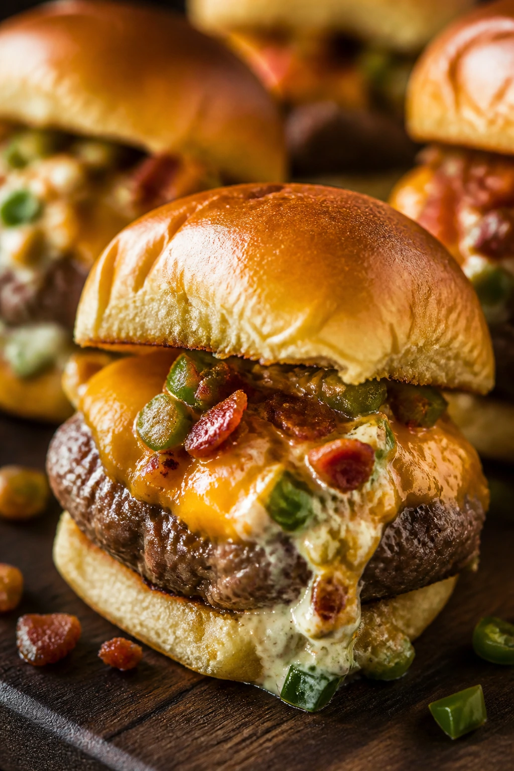 Close-up of Jalapeño Popper Sliders with cream cheese and jalapeños