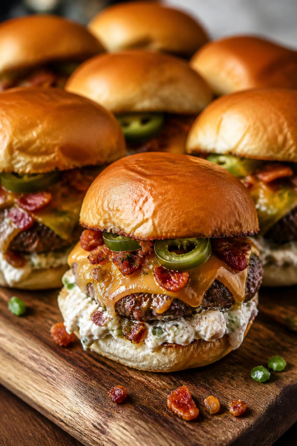 Close-up of jalapeño popper sliders with cream cheese and bacon on a wooden board