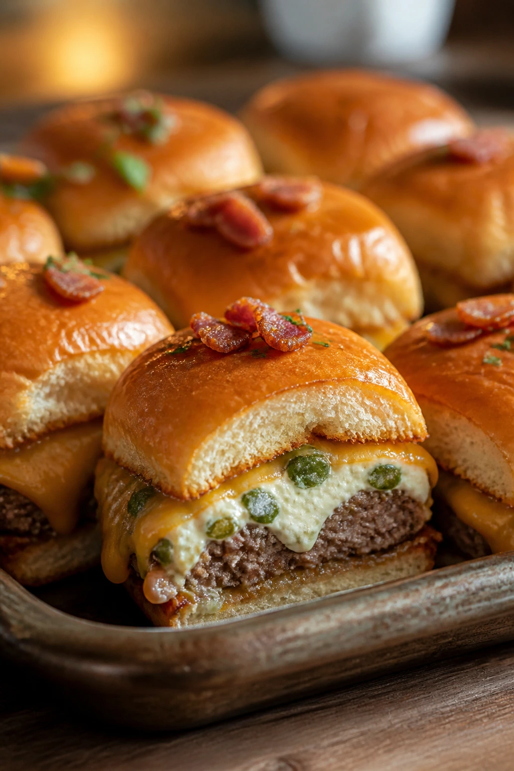 Close-up of Jalapeño Popper Sliders showing cream cheese jalapeño filling